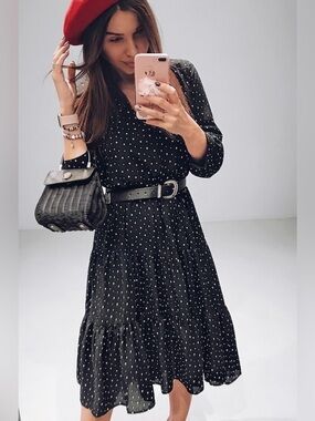 🤍 Zara Black with White Polka Dot Tiered MIDI Dress sz Large